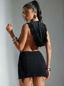 Denimoi Backless Distressed Fringe Hooded BacklesMini Dress - Black - View 2