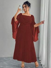Modelyn Damen Plissee Taille Passform & Flare elegantes Pendler Große Größen Kleid mit quadratischem Ausschnitt und Langarm - Gebrannte Orange - Übersicht 1