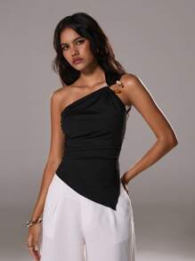 TRNVIE Áo thun đen thời trang thanh lịch lệch vai trang trí nút viền bất đối xứng cho nữ, mùa xuân/hè - màu đen - Xem 6