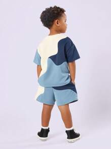 Bộ đồ thể thao họa tiết sóng trẻ em của Sumwon Studios Bộ đồ thể thao thường ngày mùa hè mùa xuân Áo nỉ thể thao Quần áo chạy bộ Quần áo chơi - Màu xanh lam - Xem 2