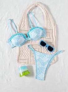 Swim Mod 2 Stücke Damen Sommer Jacquard Stoff SpaghettiTräger Push-Up Schleifen Plissee Rand Crop Top & String Bikini Set, Sexy