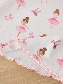 SHEIN LMoss Kids 2 件套年轻女孩可爱卡通图案荷叶边圆领短袖和裤子针织舒适家居服套装