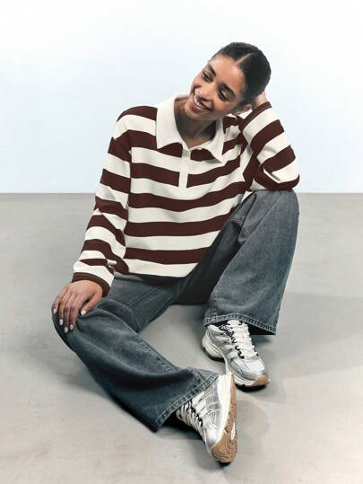 Maija Blusa casual de manga larga con botones y rayas en marrón y beige, versátil y sencilla, adecuada para vacaciones, vestimenta casual de oficina, y traslados urbanos