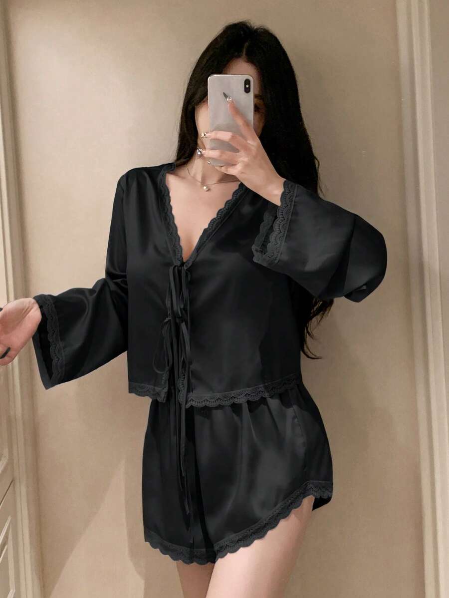 DAZY 2pcs Women Lace Satin Tie-Front Top And Super Shorts Pajama Sleepwear Set, Fall Winter Clothes