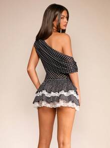 Glamine Elegant Party Mesh Polka Dot Asymmetric-Shoulder Women's New Year Tops