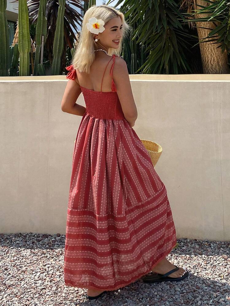 Bohemian Tassel Patchwork Knitted Camisole Dress, Suitable For Summer Beach Holiday Maxi Dress Cruise Outfit For Women Boho