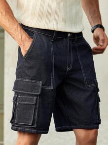 Manfinity VCAY 男士休闲多口袋中腰牛仔短裤 - 藍色 - 查看 4