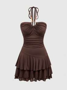 ROMWE Hippie 嬉皮风格珠饰多层下摆短领带女式连衣裙 - 棕色 - 查看 1