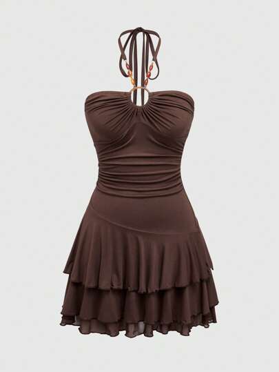 Hippie Style Bead Decor Multi-Layer Hem Short Neck-Tie Women Dress