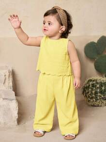 Travachic KIDS Baby Girl Cute Wavy Sleeveless Top And Pants Set, Summer - Yellow - View 2