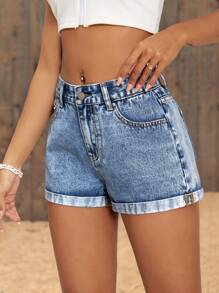 Breezaya 女士夏季休闲水洗牛仔短裤 - 中等水洗藍 - 查看 4