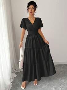 Selianne 2025春夏新品法式收腰高端紫色短袖连衣裙 - 黑色 - 查看 4