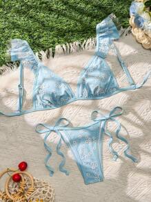 Swim Mod 2pcs Women Summer Beach Vacation Sweet & Cute Random Printed Mesh Swimwear Set - Blue - View 3