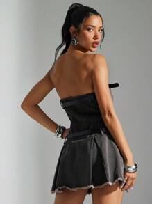 Denimoi Sexy Washed Embroidered Halter Denim Sundress, Summer - Dark Grey - View 5