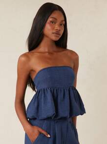 NYA SZN Leah 露肩牛仔泡泡荷叶边短款上衣，海军蓝，夏季海滩度假风，适合各种场合，包括节日和嘉年华，适合女性穿着。 - 藍色 - 查看 6