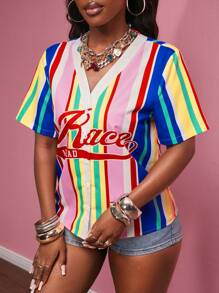 Slaydiva 2025夏季新款音乐节/毕业/生日派对/日常/休闲/度假/邮轮/沙滩装女士休闲V领条纹百搭上衣，热卖 - 彩色 - 查看 6