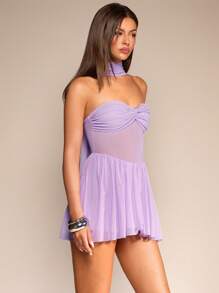 Glamine Mesh Patchwork Twist Crop Top Dress - Purple - View 4