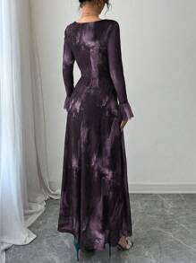 Modelyn 女式船领喇叭袖束腰飘逸扎染网眼优雅印花连衣裙 - 紫色 - 查看 2