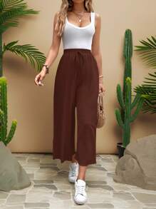 Travachic 女式纯色松紧腰抽绳宽松休闲7/9长裤，夏季 - 鏽棕色 - 查看 1