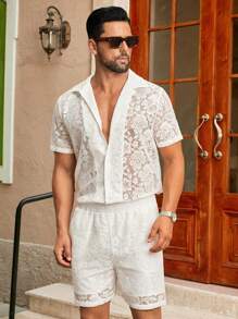 HIMLAND 2件套轻质镂空纯色梭织短袖衬衫套装，夏季蕾丝衬衫男士夏季两件套男士
