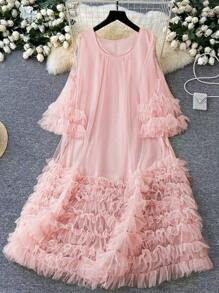 DreamSkyne 大码女式优雅青春甜美度假圆领短袖分层网眼蛋糕裙，春季荷叶边细节连衣裙，沙滩装 - 粉色 - 查看 1