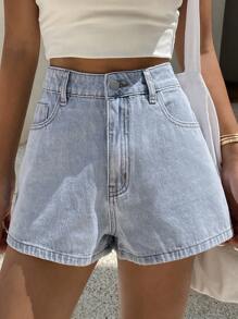 Livesso 新款复古效果水洗宽松设计休闲牛仔短裤，夏季 - 藍色 - 查看 5