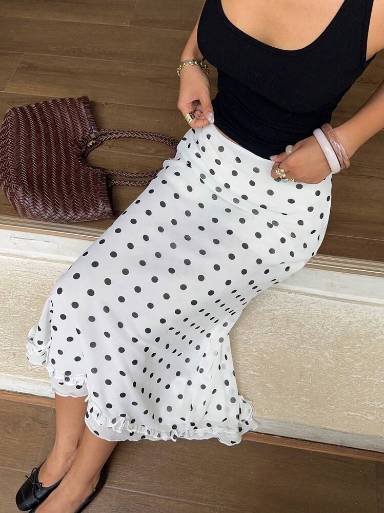 SHEIN EZwear Femmes Jupe longue en mousseline de soie décontractée avec imprimé à pois blancs et graphiques, avec volants à l'ourlet, été, sortie - Noir et Blanc - Voir 5