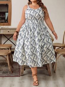 SHEIN CURVE+ Vestido camisola de verano para mujer talla grande con cintura ceñida y estampado de flores diminutas, atuendo perfecto para vacaciones en la playa, graduación, fiesta del té o vacaciones campestres y en la playa.