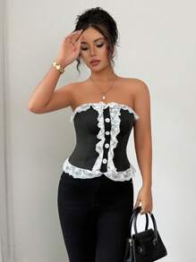 Selianne Elegant Lace Trim Bandeau Top For Women - Black - View 4