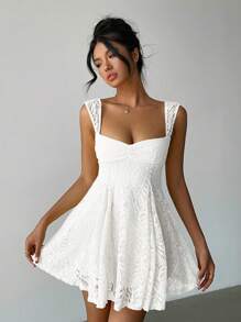 Aloruh 优雅纯色蕾丝荷叶边下摆迷你连衣裙，夏季 - 白色 - 查看 6