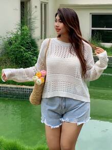 Dazy Plus Sheer Hollow Out Round Neck Long Sleeve Cover Up Cover Up For Women,Spring/Summer Vacation - White - View 3