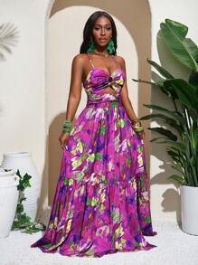 Slaydiva Vestido largo con espalda descubierta, tirantes con nudo y bajo en capas con estampado tropical sexy para vacaciones de verano para mujeres - Morado - Ver 5