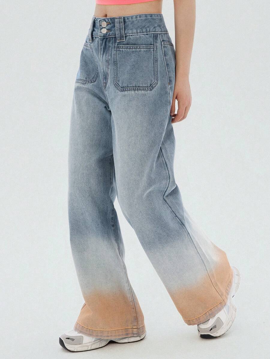 DAZY Hellblau gewaschene Farbverlauf Schlagjeans, lässige Loose Fit Passform, ganzjährig tragbar