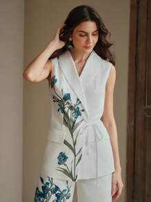 Anewsta Elegant Collar Ribbon Waist Fitted Sleeveless Women Jacket - White - View 5