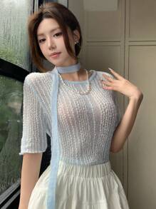 DAZY Women's Contrast Color Crochet Hollow Out Lace Mesh Pullover Short Sleeve Knitted Top With Tie Details, Spring/Summer - Blue - View 9