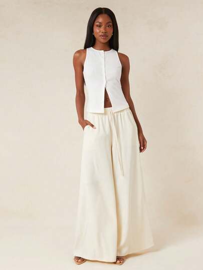 NYA SZN 裤子 褶皱侧系带亚麻海滩度假办公室工作服特殊场合街头装优雅女士服装