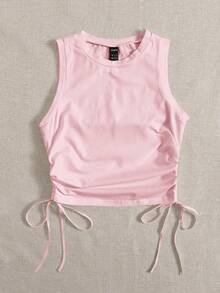 SHEIN EZwear Atasan Tank Top Rajut Kasual Wanita Ukuran Plus, Leher Bulat, Tali Serut Samping, Warna Pink, Cocok untuk Acara Keluar Rumah - Berwarna merah muda - View 4