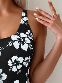 Swim Lushoire 连体U领芙蓉花印花优雅修身泳衣 - 彩色 - 查看 5