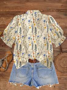 SHEIN LUNE Plus Size Women's Vintage Retro Shirt, Oil Painting Baroque Short Sleeve Ditsy Floral Blouse, Japanese Street Style - Multicolor - View 2