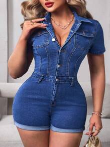 Mono de mezclilla de manga corta con hombros regulares, ajustado y de unicolor, de moda, para talla grande, de verano - Azul - Ver 6