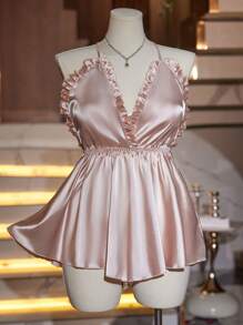 SilkySpell 1 peça Vestido Anágua Sexy Feminino Plus Size com Decote V Profundo e Babados, Macacão Elegante de Charmeuse Solto com Cinto na Cintura, Adequado para Uso Doméstico