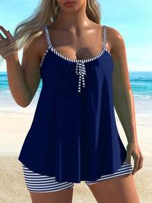 Swim Lushoire Women Patchwork Striped Tankini Swimsuit Set For Summer Beach Vacation - Navy Blue - View 1