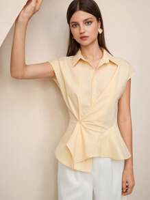 BizChic 2025 年夏季新款奶油黄色翻领前开口不对称下摆设计女式衬衫，商务休闲日常通勤优雅海滩度假适合婚礼宾客、乡村音乐节、早午餐、机场，90 年代复古斯德哥尔摩风格美式风情 - 杏色 - 查看 2