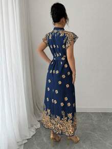 Elenzga Rochie de damă cu imprimeu floral, decolteu crăpat, volane, cu curea, stil de vacanță, vară