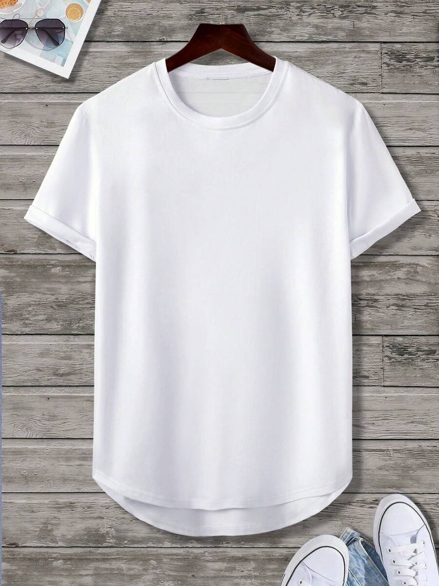 Manfinity Homme Camiseta De Hombre Con Dobladillo Curvo - Blanco - Ver 1