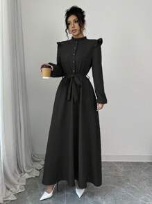 Elenzga 女式纯色荷叶边前扣长袖休闲长款束腰连衣裙女装 - 黑色 - 查看 6