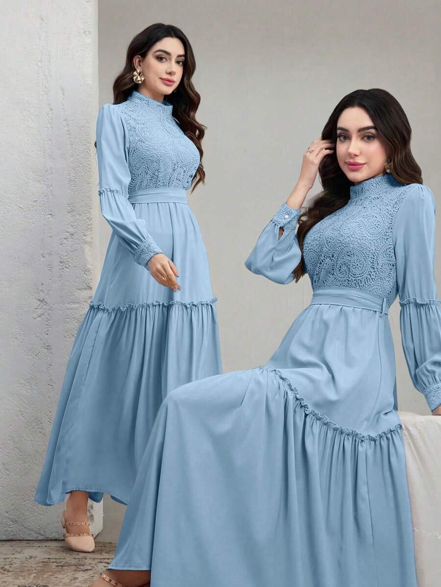 Graceveil 女式纯色立领长袖蕾丝腰收腰长裙，夏季 - 淺藍色 - 查看 1