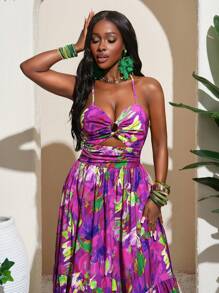 Slaydiva Vestido largo con espalda descubierta, tirantes con nudo y bajo en capas con estampado tropical sexy para vacaciones de verano para mujeres - Morado - Ver 6