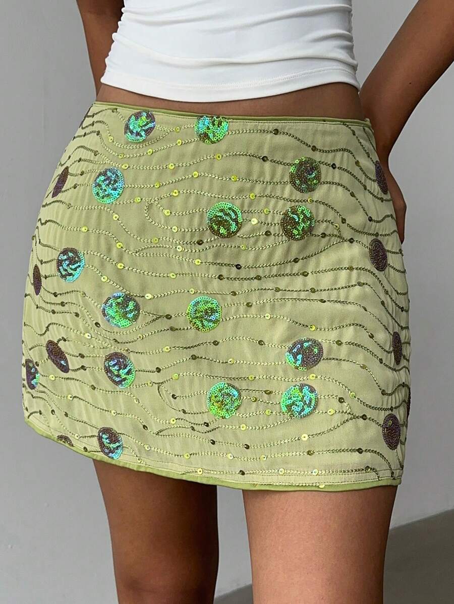 Aloruh 女式 YTK 性感优雅亮片刺绣绿色迷你裙女式夏季服装女式裙子鼠尾草绿色裙子 - 綠色 - 查看 1