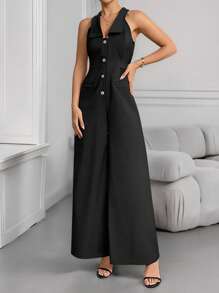 INAWLY Women's Elegant Solid Color Wide Leg Jumpsuit, Summer - Black - View 5
